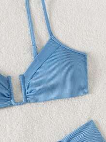 2 件蓝色条纹比基尼套装，U 型褶皱基本款泳装，适合海滩夏季度假 - 藍色 - 查看 6
