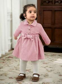 Cozy Pixies Baby Girl Solid Color Casual Versatile Lapel Partially Buttoned Lantern Sleeve Cinched Waist Dress - Pink - View 3