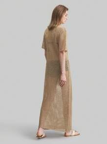 Ontre Women's Crochet Long Dress, Short Sleeve, Beach Style, Oversized Bohemian, Round Neck, Brown Knitted Long Dress, Spring Outfit