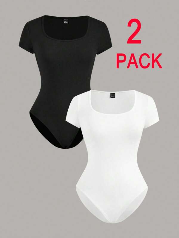 SHEIN EZwear 2pcs/Set Plus Size Black & White Short Sleeve Bodysuit