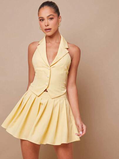 L'Amorae 夏季女装，女装，优雅奶油黄纯色露背吊带上衣和褶皱A字裙，女士两件套，办公室女性服装，日常