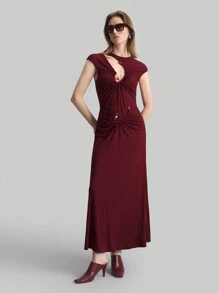 Ontre Vintage 90s Women's Metal Decor Asymmetric Neckline Hollow Out Design Brown-Red Knit Dress - Burgundy - View 4