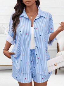 SHEIN LUNE Conjunto casual de 3 piezas para mujer talla grande, que incluye: camisa de manga larga con botones y rayas en forma de corazón, camiseta sin mangas de unicolor y shorts