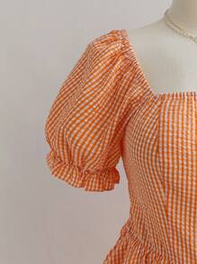 Dreamara Women Plus Size Orange & White Plaid Ruffle Puff Sleeve Casual Holiday Square Neck Jumpsuit, Summer - Orange - View 6