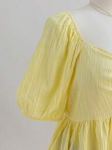 Soleia 大码纯色女式泡泡袖蝴蝶结前摆荷叶边农民休闲夏季衬衫，黄色，开学可爱午餐休闲服，适合复活节 - 黃色 - 查看 7