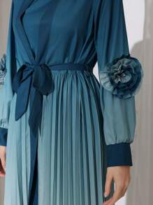 Modelyn 2pcs Women Ombre Printed 3D Flower Pleat Long Sleeve Coat & Dress Set - Teal Blue - View 7