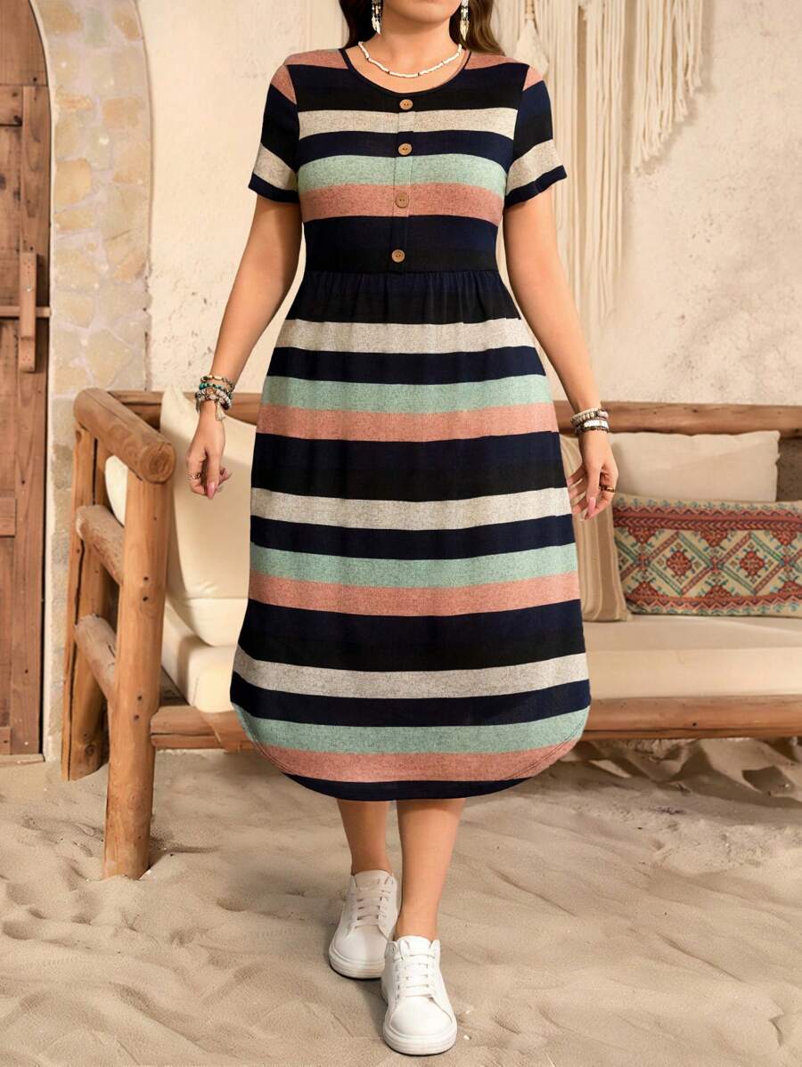 SHEIN LUNE SHEINLUNE cỡ lớn cho nữ, váy dệt kim tay ngắn kẻ sọc thường ngày, trang phục đi nghỉ cho phụ nữ, váy kín đáo cho phụ nữ, trang phục sân bay cho phụ nữ, váy Boho cho phụ nữ, váy mùa xuân, trang phục nghỉ dưỡng cho phụ nữ, váy câu lạc bộ, váy nhiệt đới, mùa xuân Boho Old Money - Màu xanh lam - Xem 1
