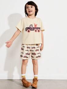 SHEIN 男童卡车动物图案圆领 T 恤和宽松全印花裤两件套，米色 - 米色 - 查看 1