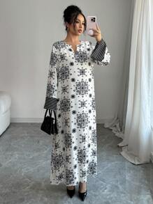 Yasmyna 女士宽松编织印花长袖对比色材质阿拉伯连衣裙