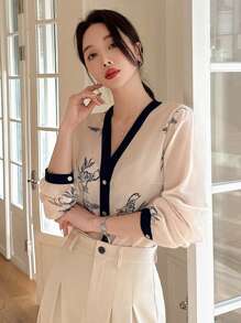 DAZY New Summer Fashion Elegant Blue Printed Long Sleeve Ladies Shirt,Fall Women Clothes