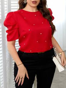 SHEIN Clasi 大码红色串珠泡泡袖衬衫、夏季外出上衣、女士春季服装