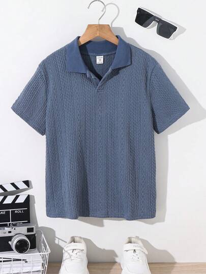 SHEIN Camisa polo de niño preadolescente de unicolor con diseño de punto en el cuello