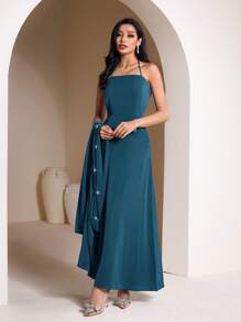 Veilorie 女士蝴蝶结水钻连衣裙和端庄长袍套装 - 水鴨藍 - 查看 5