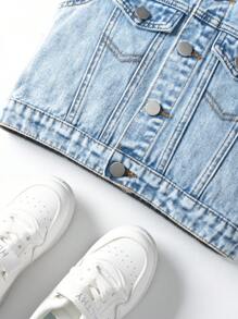 SHEIN Vintaside Kids 年轻女孩牛仔夹克和外套 全新休闲时尚荷叶边下摆洗水牛仔背心