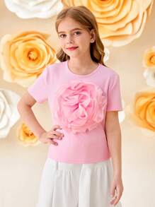 SHEIN Tween Girls' Knitted Tulle 3D Floral Decorated Elegant Pink Blouse, Sweet Top, French Elegant Blouse, Valentine's Day Tween Girl, Flower Girl, Back To School