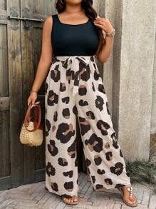 SHEIN LUNE Plus Size Women Square Neck Sleeveless Tie Waist Leopard Print Wide Leg Jumpsuit Spring Outfits For Women Summer Outfits For Women Summer Clothes Easter Outfit Women Western Wear Women - Multicolor - View 1