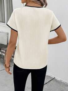 SHEIN LUNE Women's French Style Contrast Color Trim Shoulder Dolman Sleeve Button Decor Casual Fitted Blouse, Suitable For Daytime Casual, Holiday, Travel, Retro Vintage - Apricot - View 2