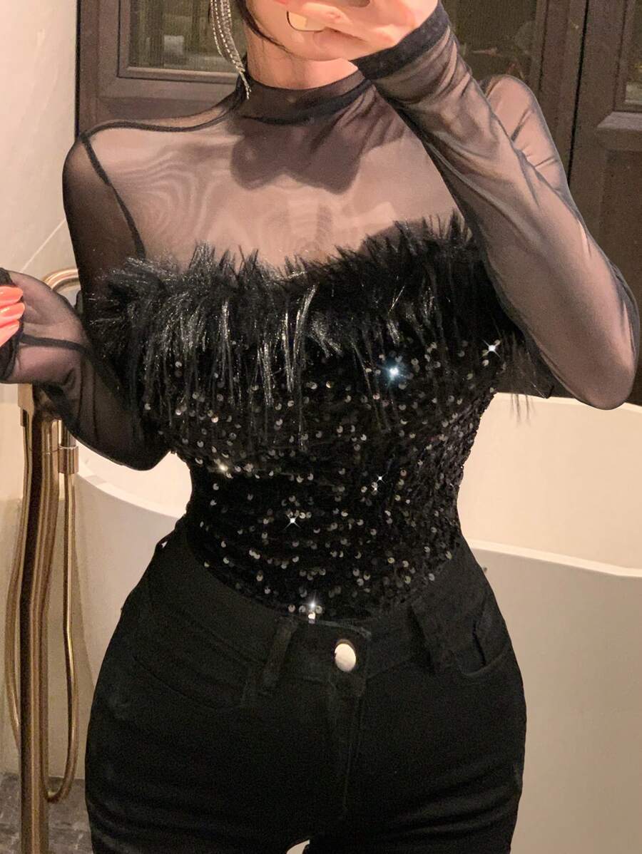 DAZY Spring New Mesh Splice Textured Party Style Women T-Shirt Prom Dress Long Sleeve Women Tops Luxury Sequin,New Year Glitter Top Valentines Carnival - Black - View 1