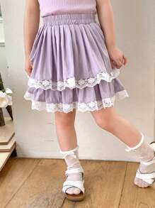 DAZY Young Girl Contrast Lace Ruffle Hem Short Skirt - Purple - View 3