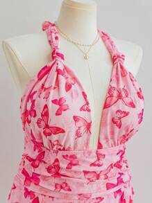 Soleia Plus Size Romantic Valentine's Day Floral Butterfly Print V-Neck Halter Mini Dress With Tie Detail And Ruffled Mesh, Summer - Multicolor - View 8