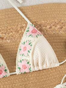 Swim Mod 2pcs Textured Fabric Crochet Floral Halter Tie-Side Sexy Sweet Bikini Swimwear Set, Suitable For Spring Break & Festival Boho For Summer Beach Vacation - Apricot - View 2