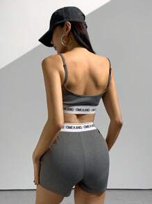 SHEIN Unity 女士休闲日常字母印花针织吊带背心和紧身短裤 2 件套运动服套装 - 灰色 - 查看 2