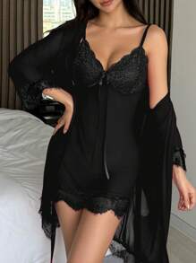 DAZY Mesh Contrast Lace Sexy Lingerie Set Pajama - Black - View 6