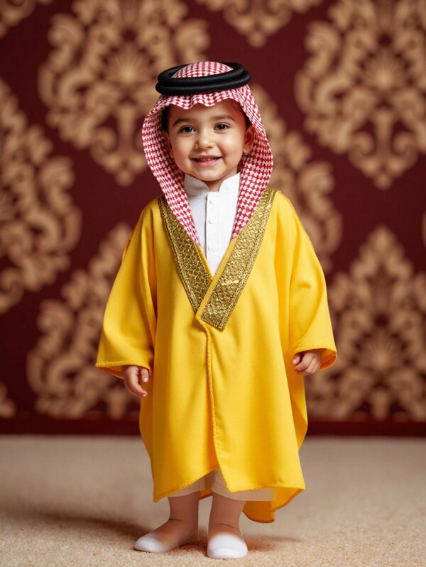 2 Stücke Baby Jungen Set: Langarm Hemd & Lange Robe Umhang, Weißes Arabisches Gewand, Islamische Kleidung, Kaftan, Saudische Tracht, Ramadan Robe, Grundschnitt, geeignet für Hochzeit, Party, Urlaub, Geburtstag, 6M-3T
