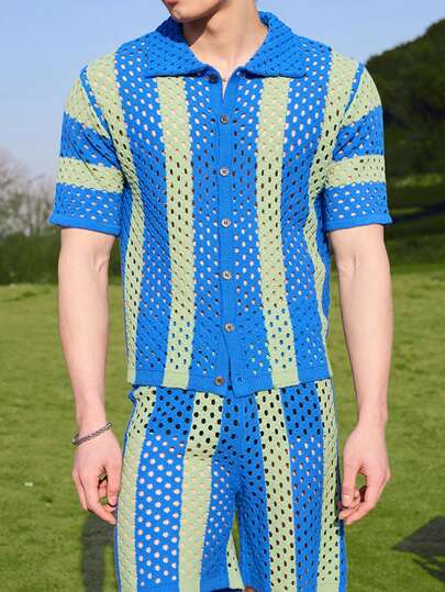 Manfinity CasualKnits Men's Knitted Set, Short Sleeve Top And Shorts, Minimalist, Fashion, Casual Everyday