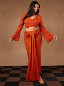 Hauture 加大码夏季女装，女士，锈色针织前裹式系带修身长裙，简约时尚日常休闲，夏季女装，女式裙子，适合约会之夜、音乐会、表演、派对、俱乐部、音乐节 - 棕色 - 查看 1