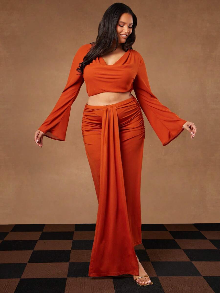 Hauture 加大码夏季女装，女士，锈色针织前裹式系带修身长裙，简约时尚日常休闲，夏季女装，女式裙子，适合约会之夜、音乐会、表演、派对、俱乐部、音乐节 - 棕色 - 查看 1