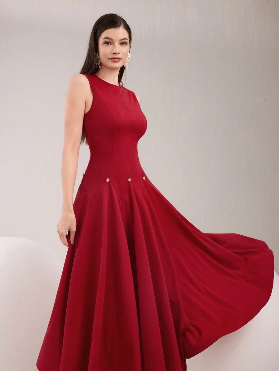 Modelyn Women's Solid Color Round Neck Sleeveless Elegant Arabic Style Dress  Summer Outfits For Women   Wedding Guest Dress Women   Airport Outfit For Women   Graduation Dress  Red Dress - Burgundy - View 1