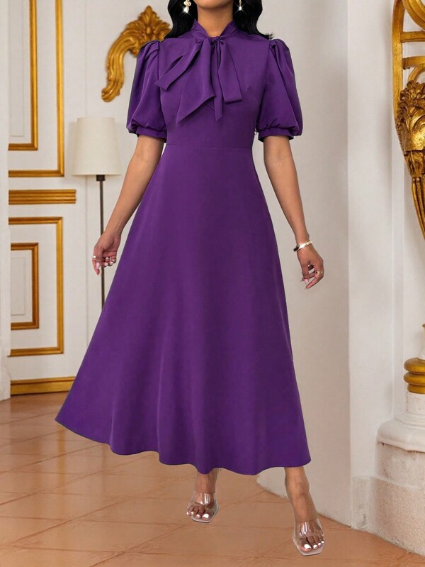 Lyxana Robe élégante, à la mode, polyvalente pour la vie quotidienne et les fêtes, avec manches bouffantes, nœud papillon, taille cintrée et ourlet évasé pour femmes