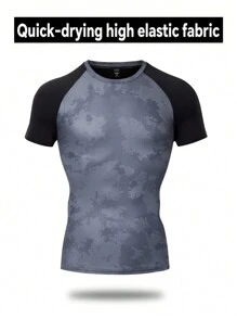 Manfinity Sport PWRUP Men's High Elasticity Sports T-Shirt - Geometric-Patterned Polyester Knit Fabric,Thin Quick Dry Breathable Trousers Top For Running, Yoga, Hiking & Outdoor Activities - Summer Casual Fit - Black - View 3