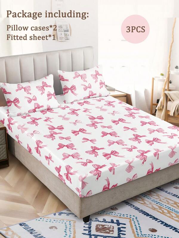 3pcs Watercolor Pink Bow Girly Cute Digital Print Bed Sheet Set (1pc Bed Sheet + 2pcs Pillowcases, No Filler), Soft Daily Polyester Fiber Skin-Friendly For Indoor Bedroom Master Bedroom Guest Room Dormitory, All Season