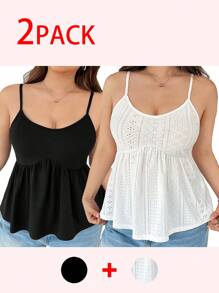 SHEIN EZwear Bộ áo ba lỗ đen trắng cỡ lớn - Đen và trắng - Xem 5