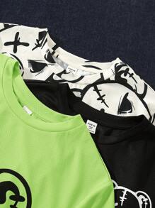 SHEIN Leap Crew 3pcs/Set Teenage Boys Casual Bear Print Short Sleeve T-Shirts - Green - View 4