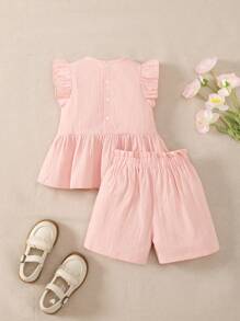 Souflis Souflis 2pcs Girls Casual Round Neck Pullover + Cinched Waist Straight Leg Shorts Sports Set, Bow Decor, Spring/Autumn - Pink - View 2