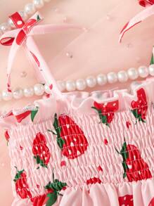 SHEIN Baby Girl Strawberry Print Pinafore Dress With Hat Toddler Clothes Summer Toddler Girl Dresses Toddler Summer Clothes Toddler Girls Clothing - Multicolor - View 4