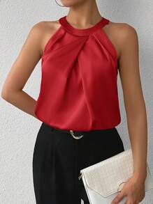 SHEIN Privé Camisa sin cuello champán de unicolor con pliegues y sin mangas, conjunto elegante y sencillo para usar en la oficina en verano