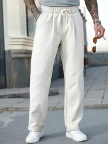 Manfinity CasualCool 新款日本风格宽松直筒裤，松紧腰，休闲时尚，白色男士裤子 - 米色 - 查看 4