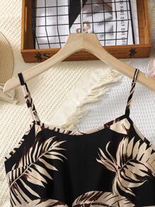 SHEIN Teen Girls Loose Fit Black & Beige Spaghetti Strap Palm Tree Print Jumpsuit, Comfy & Soft, Suitable For Spring/Summer, Valentine's Day, Vacation, Vintage, Beach, Sea