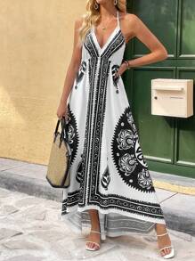 Chiquease Beach Holiday Print Strap V-Neck Sexy Asymmetrical Long Dress - Black - View 4