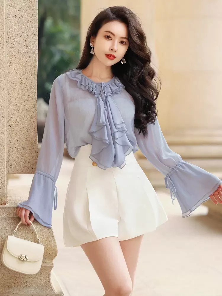 Spring Style Textured Elegant Women's Shirt For First Date, Summer New Arrival, Ruffle, Fall Women Clothes Long Sleeve Top