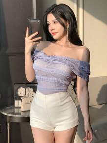 DAZY Camiseta de verano nueva de mujer con hombros descubiertos, texturizada y ajustada