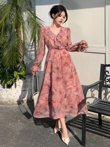 DAZY New Arrival Summer Sundress Women Elegant Allover Print Waisted Dress, Ruffle Floral Dress - Pink - View 7