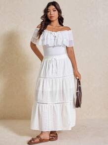 Elaquor Plus Size Solid Color Simple Casual Skirt, Everyday Wear - White - View 6