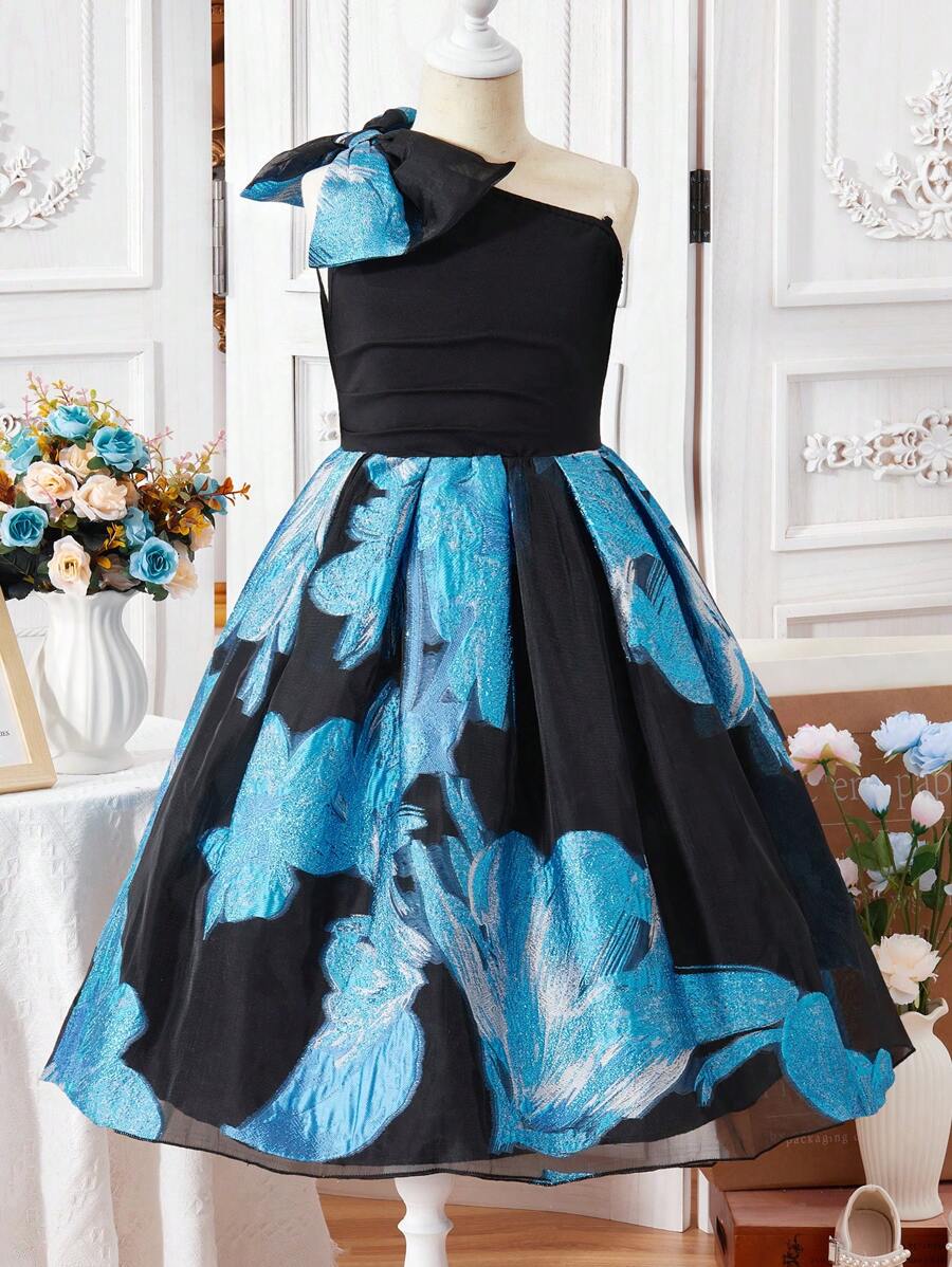 女童无袖黑色蝴蝶提花优雅蓝色卢勒克斯连衣裙 - 黑色 - 查看 1