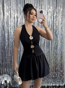 Chiquease 2 件套女士优雅蝴蝶结镂空泡泡袖连衣裙套装