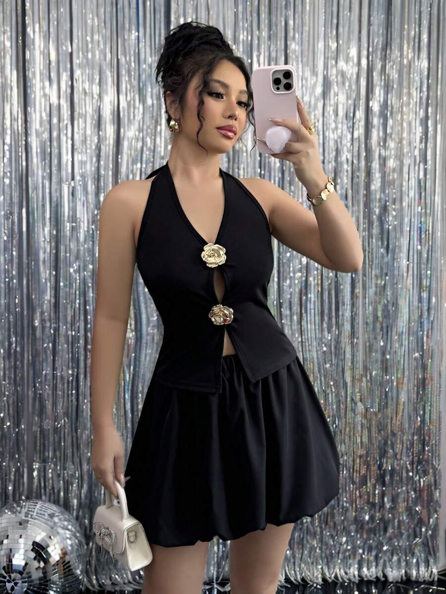 Chiquease 2 件套女士优雅蝴蝶结镂空泡泡袖连衣裙套装